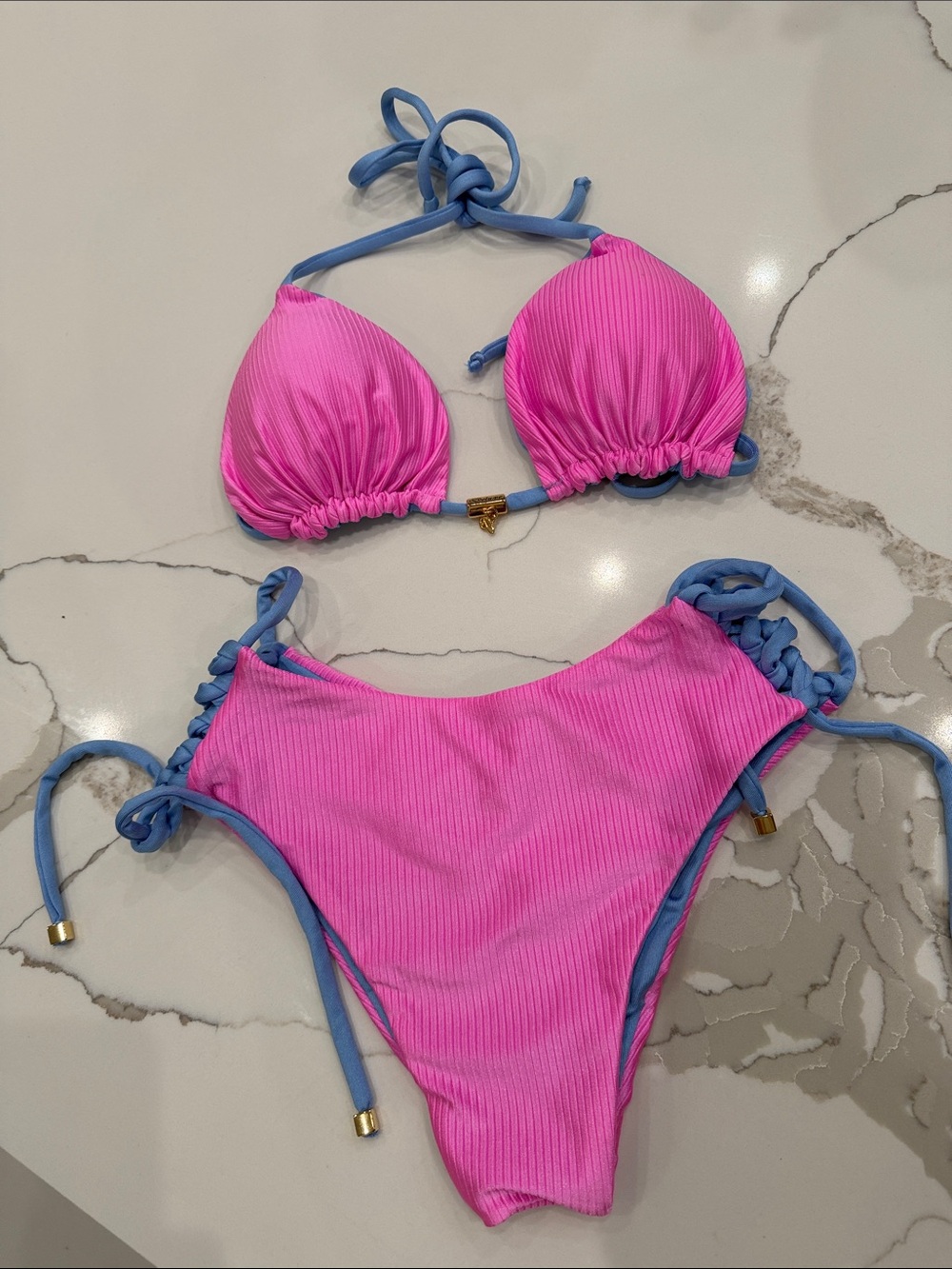 Pink & Blue Two-Tone Ribbed Triangle Bikini - Women